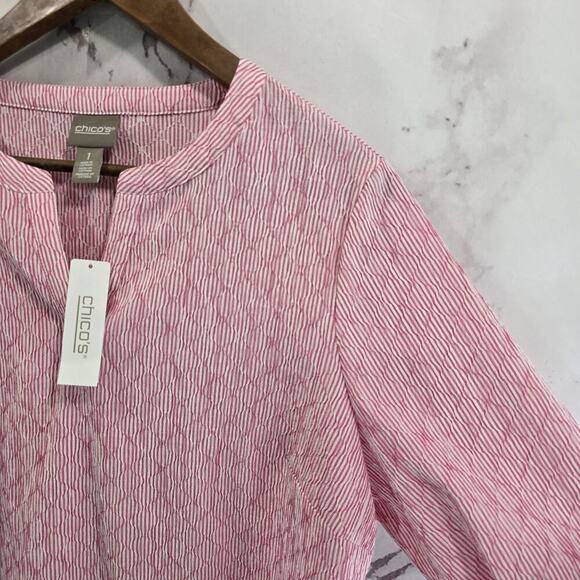 Chicos Shirt Women 1 Medium Pink Striped Popover Seersucker Textured Lemonia - Picture 11 of 12